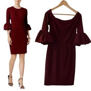 BETSY & ADAM Womens Maroon Bell Sleeve Gold Zippers Formal Sheath‎ Dress, Size 6